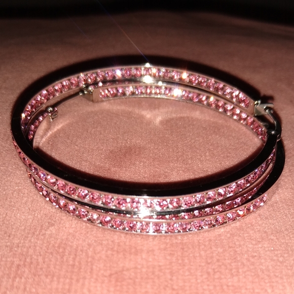 Pink Rhinestone Silver Hoop Earrings Crystal Channel Hoops Sparkling Rhinestones - Picture 1 of 14